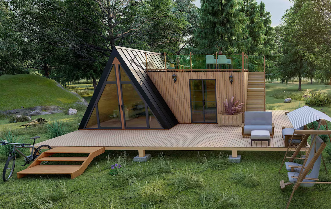 Studio 40m² en L extérieur verrière A-frame bardage douglas