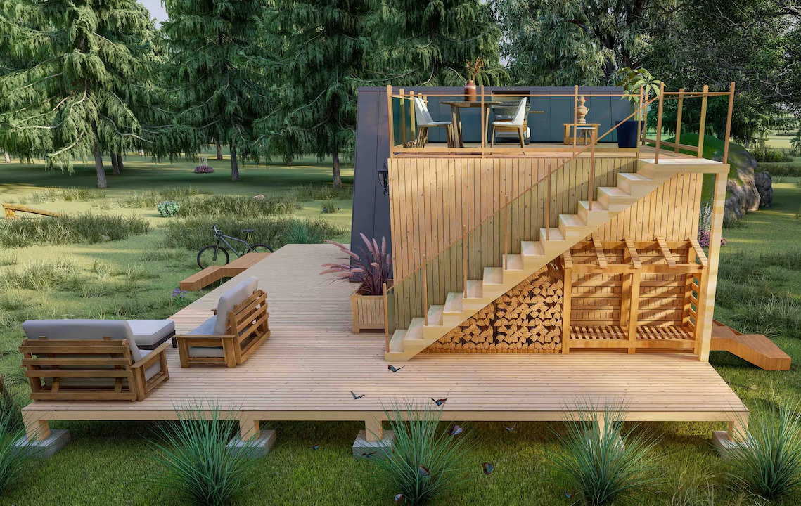Toit-terrasse studio 40m² en L garde-corps vitré vue jardin