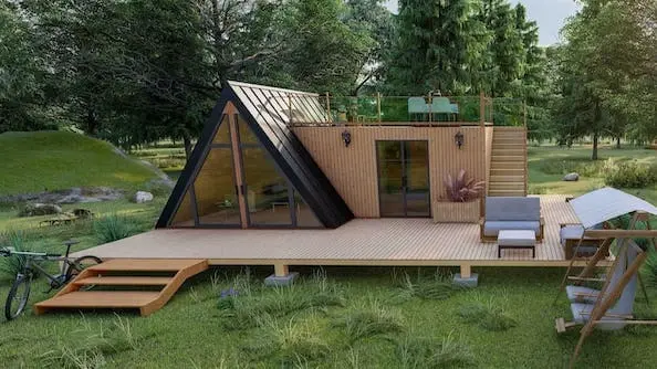 Studio de jardin 40m² en L A-frame haut de gamme — verrière triangulaire toit-terrasse bardage douglas — MyGreenkub MGK-40