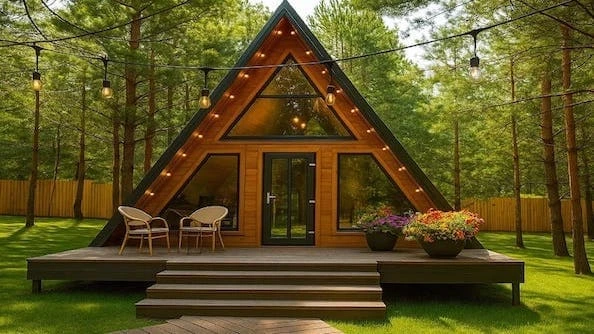 Studio de jardin A-frame 20m² chalet bois triangulaire Baie vitré terrasse surélevée — MyGreenkub MGK-A-20