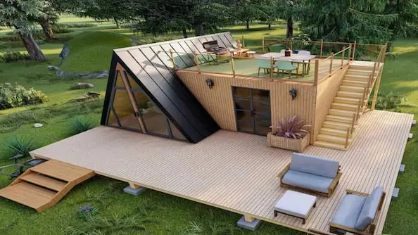 studio de jardin 40m² en L A-frame — séjour sols chêne massif verrière triangulaire