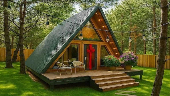 Studio de jardin 20m² chalet de jardin bois miel verrière triangulaire vue extérieure — MyGreenkub