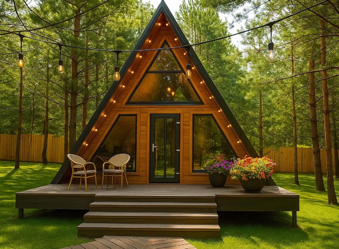 Chalet jardin A-frame 20m² extérieur bardage bois miel