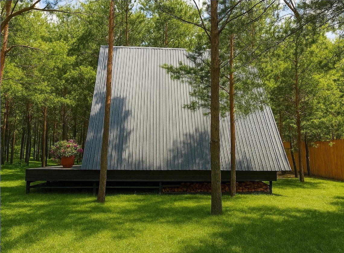 Terrasse bois surélevée studio A-frame nuit guirlande